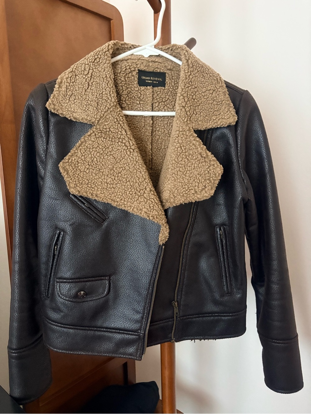 Urban Renewal Black Faux Leather Jacket with Tan Sherpa Collar